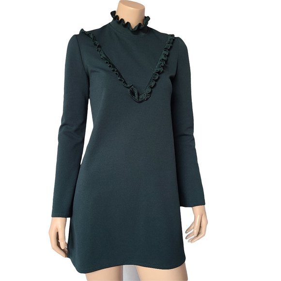 ZARA Dark Green High Ruffle Neck Shift Dress M - Picture 1 of 6